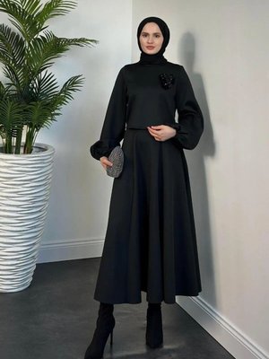 Siyah Çicek Detaylı Scuba Etekli İkili Takım