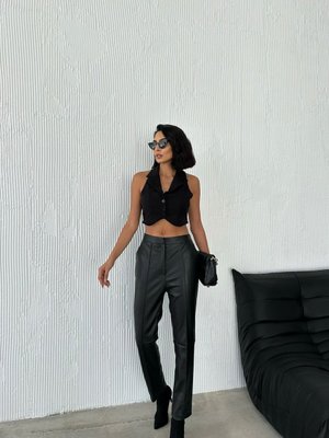 Siyah Renk Yüksel Bel İçi Kadife Deri Pantolon