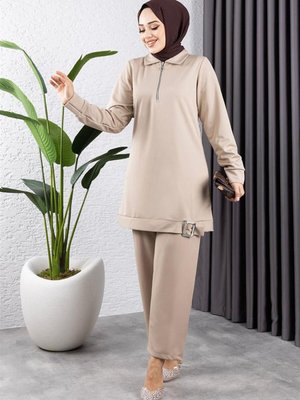 Bej Yarım Fermuarlı Spor İkili Takım