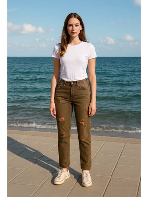 Kahverengi Yırtık Deyaylı Likralı Jean Pantolon