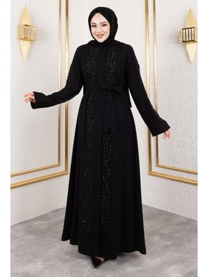 Siyah Zincir Taş Detaylı Abaya Siyah Zincir Taş Detaylı Abaya