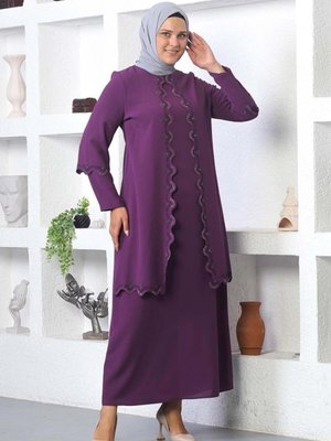 Mürdüm Büyük Beden İşlemeli Abiye Elbise Mürdüm Büyük Beden İşlemeli Abiye Elbise