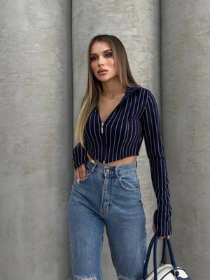 Lacivert Ottoman Parmak Geçmeli Çizgili Crop