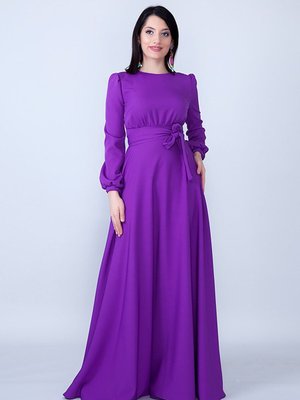 Mor Uzun Yuvarlak Yaka Kol Dokuma Kumaş Beli Büzgülü Kuşaklı Abiye Elbise Mor Uzun Yuvarlak Yaka Kol Dokuma Kumaş Beli Büzgülü Kuşaklı Abiye Elbise