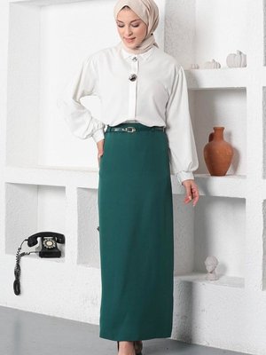Zümrüt Yeşil Uzun Kemerli Kalem Etek