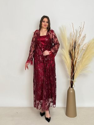 Bordo Kadın Kimono Ve Elbiseli Abiye Li Takım