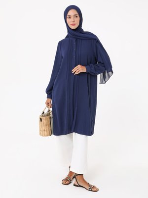 Lacivert Düğme Detaylı Nervürlü Aerobin Tunik