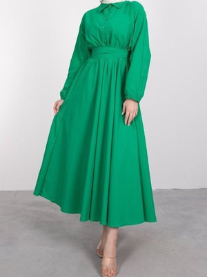 Çim Yeşili Yaka Düğmeli Kloş Gömlek Elbise Çim Yeşili Yaka Düğmeli Kloş Gömlek Elbise