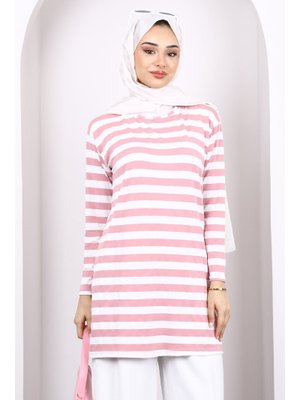 Pudra Çizgili Uzun Kol Tunik Pudra Çizgili Uzun Kol Tunik