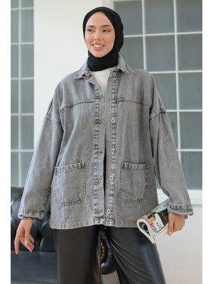 Antrasıt Kar Yıkama Çift Cepli Düğmeli Kot Ceket Antrasit