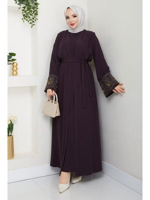 Mürdüm Nakışlı İç Elbiseli Abaya Takım