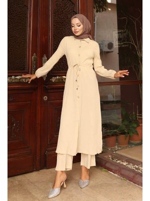 Bej Yırtmaç Detaylı Uzun Takım