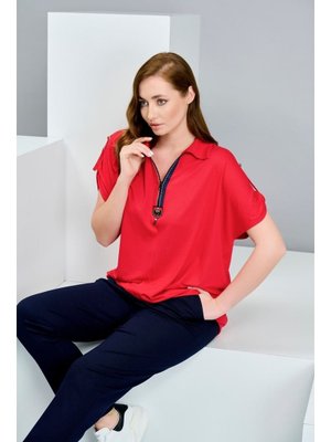 Kırmızı Büyük Beden Fermuarlı Gömlek Yaka Bluz Kırmızı Büyük Beden Fermuarlı Gömlek Yaka Bluz