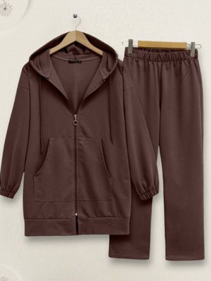 Kahve Fermuarlı Kapüşonlu Penye İkili Takım