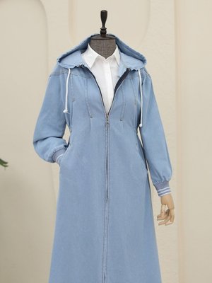 Açık Mavi Önü Pliseli Yanı Lastikli Kapüşonlu Kot Kap