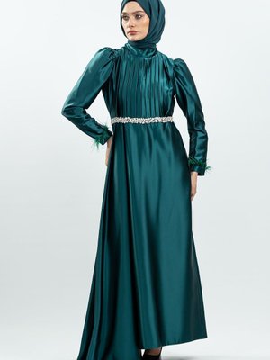Zümrüt Yeşili Taşlı Saten Abiye Elbise Zümrüt Yeşili Taşlı Saten Abiye Elbise
