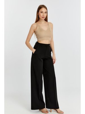 Siyah Palazzo Geniş Paça Dokuma Kumaş Pantolon