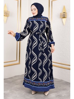 Lacivert Gül Desenli Viskon Elbise