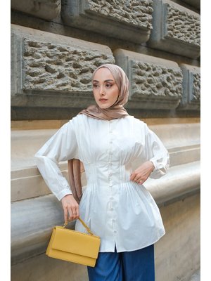 Beyaz Beli Nervurlu Poplin Gömlek