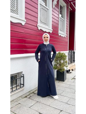 Lacivert O Yaka Fermuarlı Yan Cepli Pamuklu Uzun Ferace