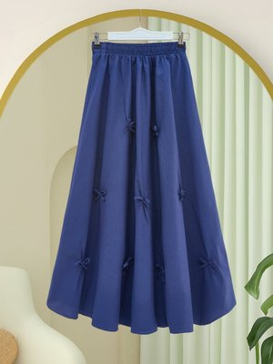 İndigo Beli Lastikli Fiyonk Detaylı Poplin Etek