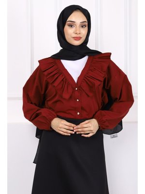 Bordo Yaka Fırfırlı Düğmeli Gömlek Bordo Yaka Fırfırlı Düğmeli Gömlek