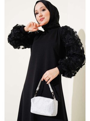 Siyah Çiçekli Tül Kollu Elbise Siyah Çiçekli Tül Kollu Elbise