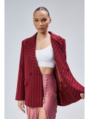 Bordo Taş İşlemeli Regular Vatkalı Blazer Ceket