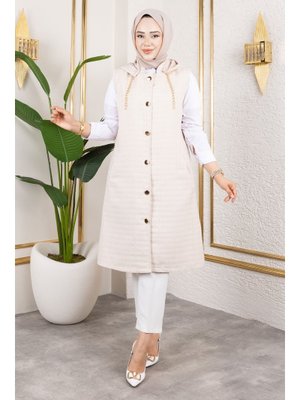 Bej Kapüşonlu Kapitone Yelek