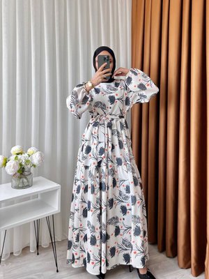 Siyah Keten Desenli Elbise