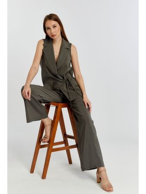 Haki Regular Fit Belden Bağlama Detaylı Astarlı Dokuma Yelek