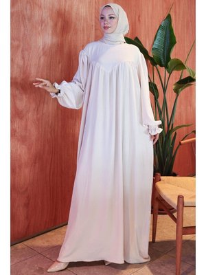 Krem Büzgülü Robalı Elbise Krem Büzgülü Robalı Elbise