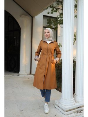 Taba Kapüşonlu Fermuarlı Belden Lastikli Bondit Kap 46)