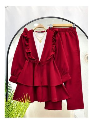 Bordo Nilüfer Fırfırlı Klasik İkili Takım Bordo Nilüfer Fırfırlı Klasik İkili Takım