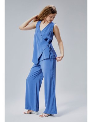 Pantolon Takım İndigo V Yaka Yandan Bağlama Detaylı Yelek