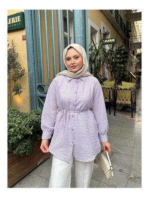 Mor Çizgili Bel Bağlamalı Gömlek Mor Çizgili Bel Bağlamalı Gömlek