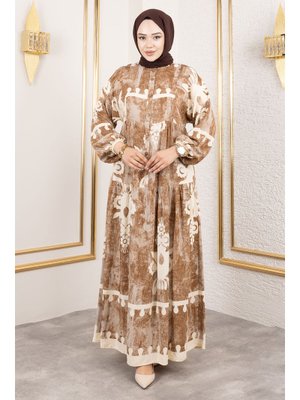 Bej Düğmeli Viskon Elbise