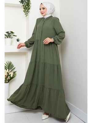 Haki Kat Detaylı Fermuarlı Ferace