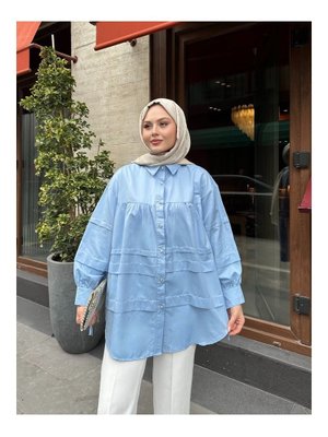 Mavi Kol Detaylı Gold Düğmeli Gömlek Mavi Kol Detaylı Gold Düğmeli Gömlek