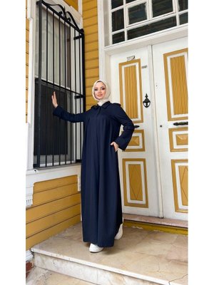 Lacivert Yakalı Dirsek Kemer Detaylı Pamuklu Uzun Ferace