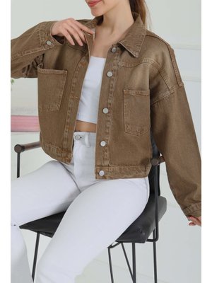 Kahve Çift Cepli Crop Kot Ceket Tint Tınt