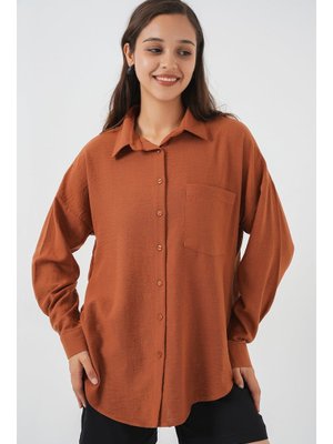 A. Kiremit Tek Cepli Oversize Keten Gömlek A. Kiremit Tek Cepli Oversize Keten Gömlek