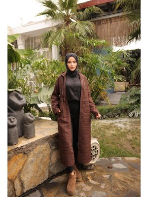 Kahverengi Fermuarlı Balıkçı Yaka Belden Bağcıklı Kapitone Şık Spor Kap 46)