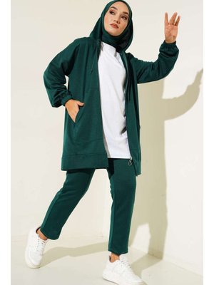 Zümrüt Yeşili Kapüşonlu Fermuarlı İkili Takım