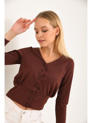 Kahverengi V Yaka Düğmeli Bluz Kahverengi V Yaka Düğmeli Bluz