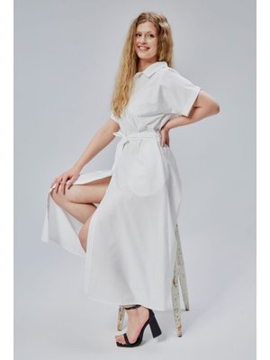 Beyaz Boydan Düğmeli Gömlek Yaka Poplin Elbise