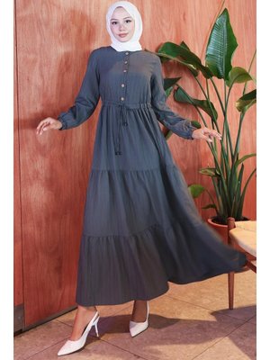 Füme Elisa Büzgülü Düğmeli Elbise Füme Elisa Büzgülü Düğmeli Elbise
