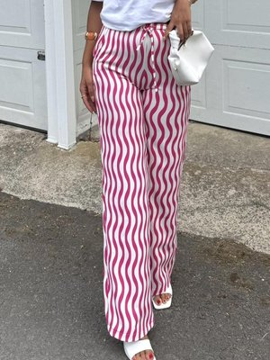 Pembe Çizgili Salaş Rahat Yüksek Bel Pantolon