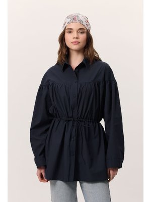 Lacivert Büzgü Bağlama Detaylı Tunik