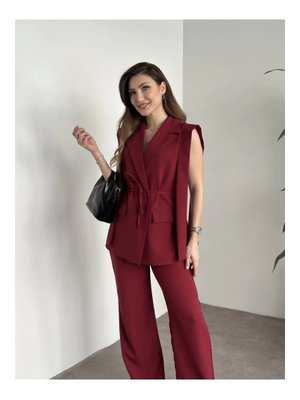 Bordo İp Bağlamalı Yelekli Takım Bordo İp Bağlamalı Yelekli Takım